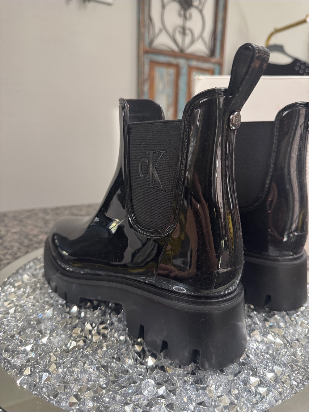 Calvin Klein Wende Black Patent Chunky Chelsea Rain Boots NEW 9 - Picture 8 of 14